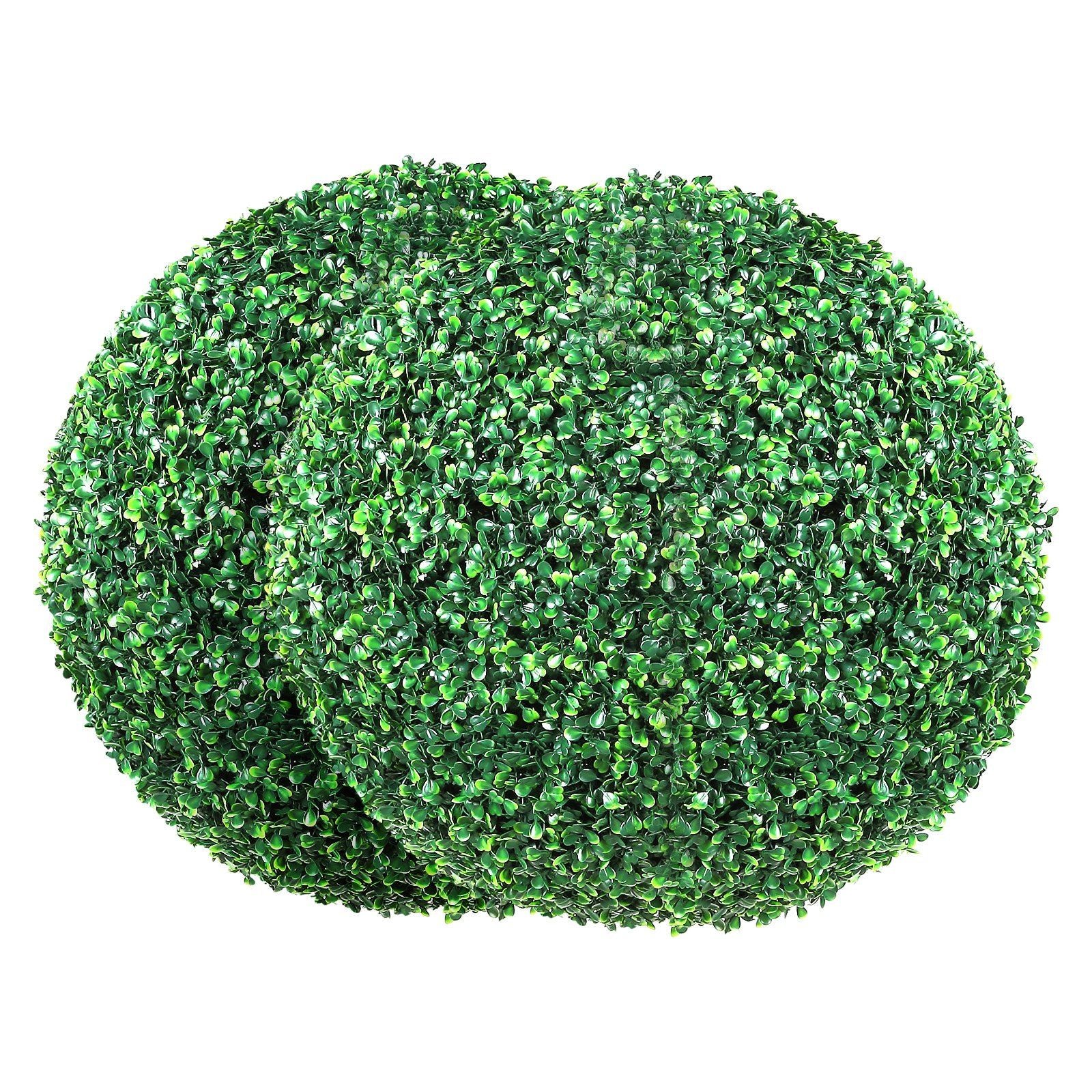 Two green artificial boxwood topiary balls with dense foliage for home or garden decor