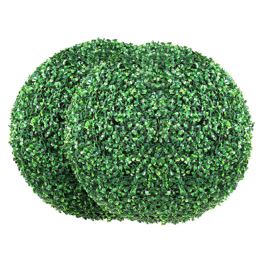 Two green artificial boxwood topiary balls with dense foliage for home or garden decor
