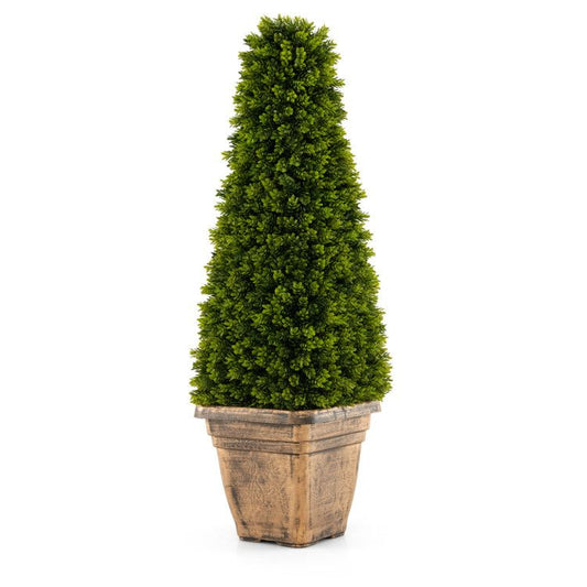 Artificial boxwood topiary tree in a rustic pot for elegant home decor