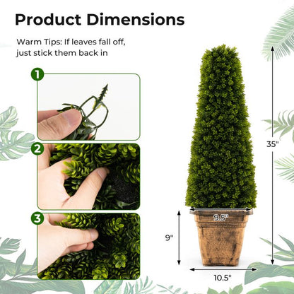 35-inch artificial boxwood topiary tree in a decorative pot with clear dimensions shown