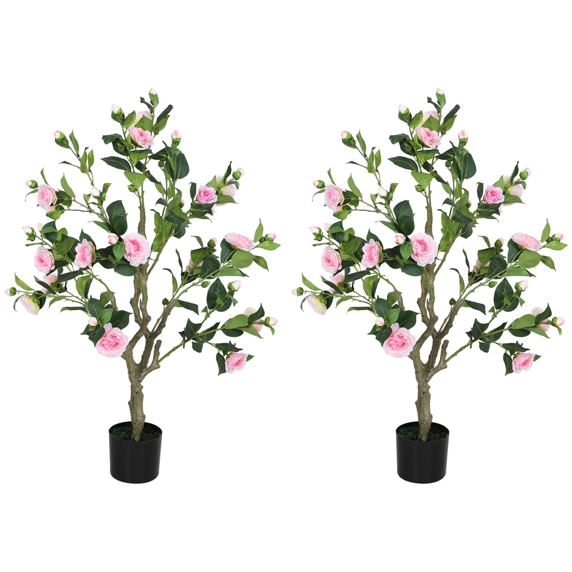 Pair of artificial camellia flowers in pots with pink blooms and green leaves in black containers