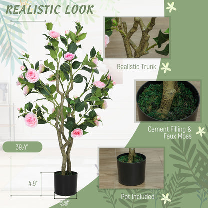Artificial camellia flowers in pots with realistic trunk and faux moss filling in black pot