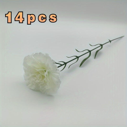 14pcs artificial carnation flowers in white color with green leaves for home decor