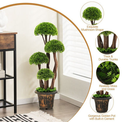 Artificial cedar topiary tree with thick trunks and realistic moss in a golden pot from FauxMart.com