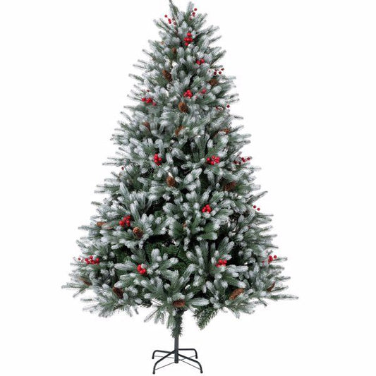 Lifelike artificial Christmas tree 7ft with snow-dusted branches and red berry accents