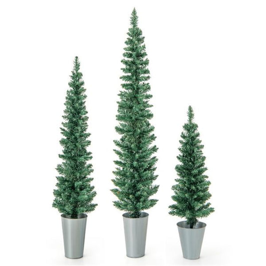 Set of three artificial Christmas trees set in silver pots for holiday decorations