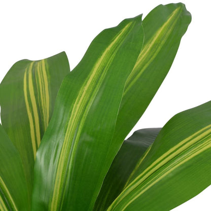Close-up of green leaves with yellow stripes on an artificial dracaena plant from FauxMart.com