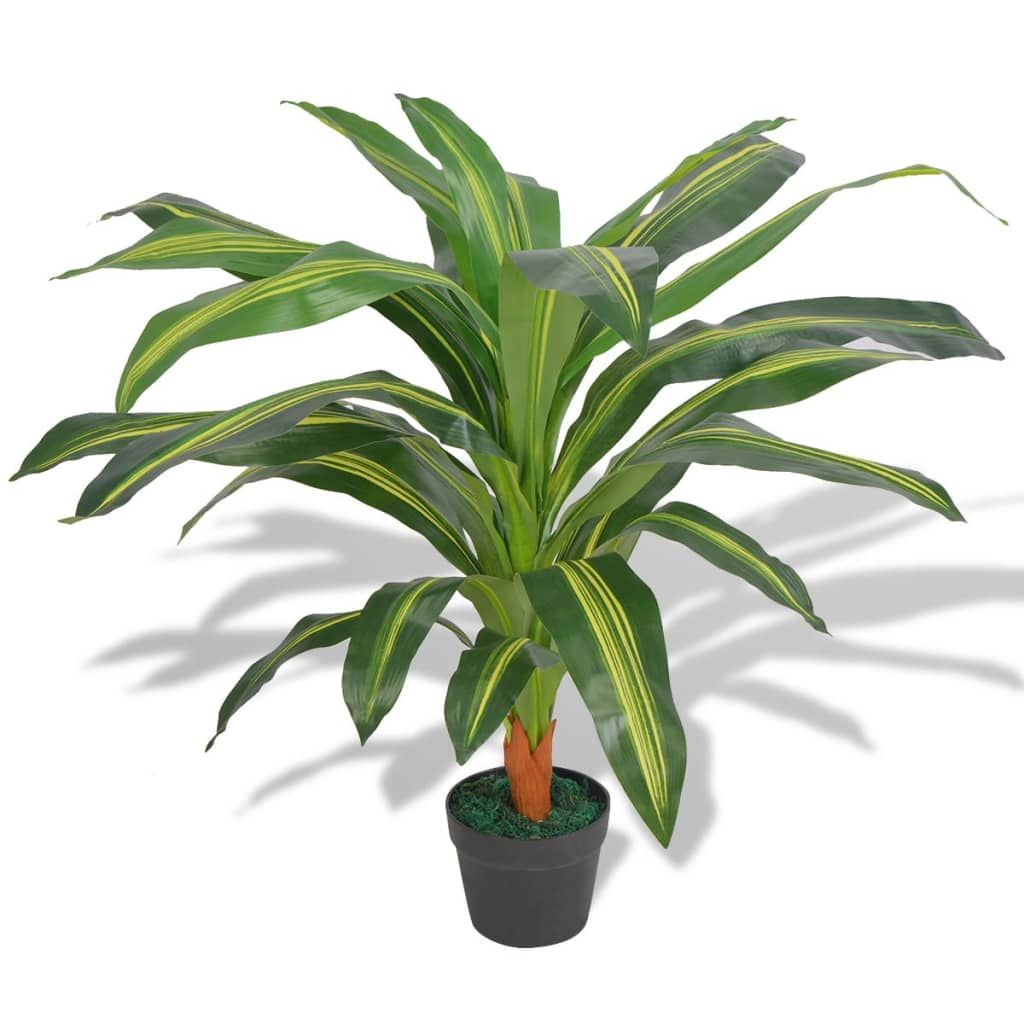 Artificial dracaena plant with green and yellow leaves in a black pot from FauxMart.com