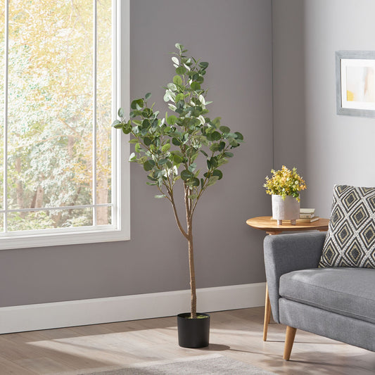 Artificial eucalyptus tree 59 inch in a modern living room setting with natural light