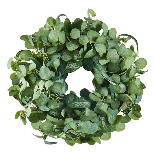 FauxMart.com artificial eucalyptus wreath with lush green leaves perfect for home decor