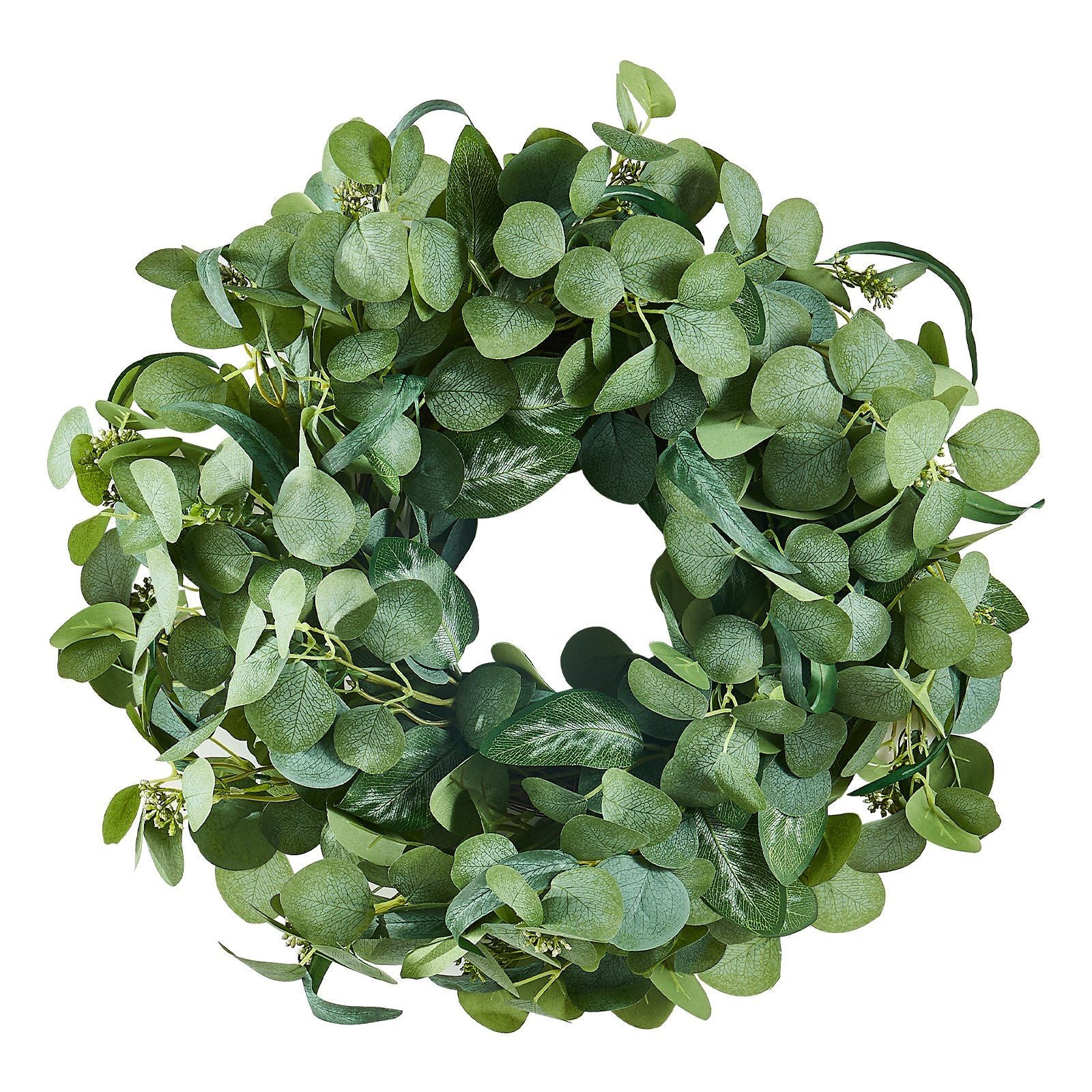 Green artificial eucalyptus wreath with lush round leaves perfect for home decor from FauxMart.com