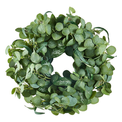 Green artificial eucalyptus wreath with lush round leaves perfect for home decor from FauxMart.com