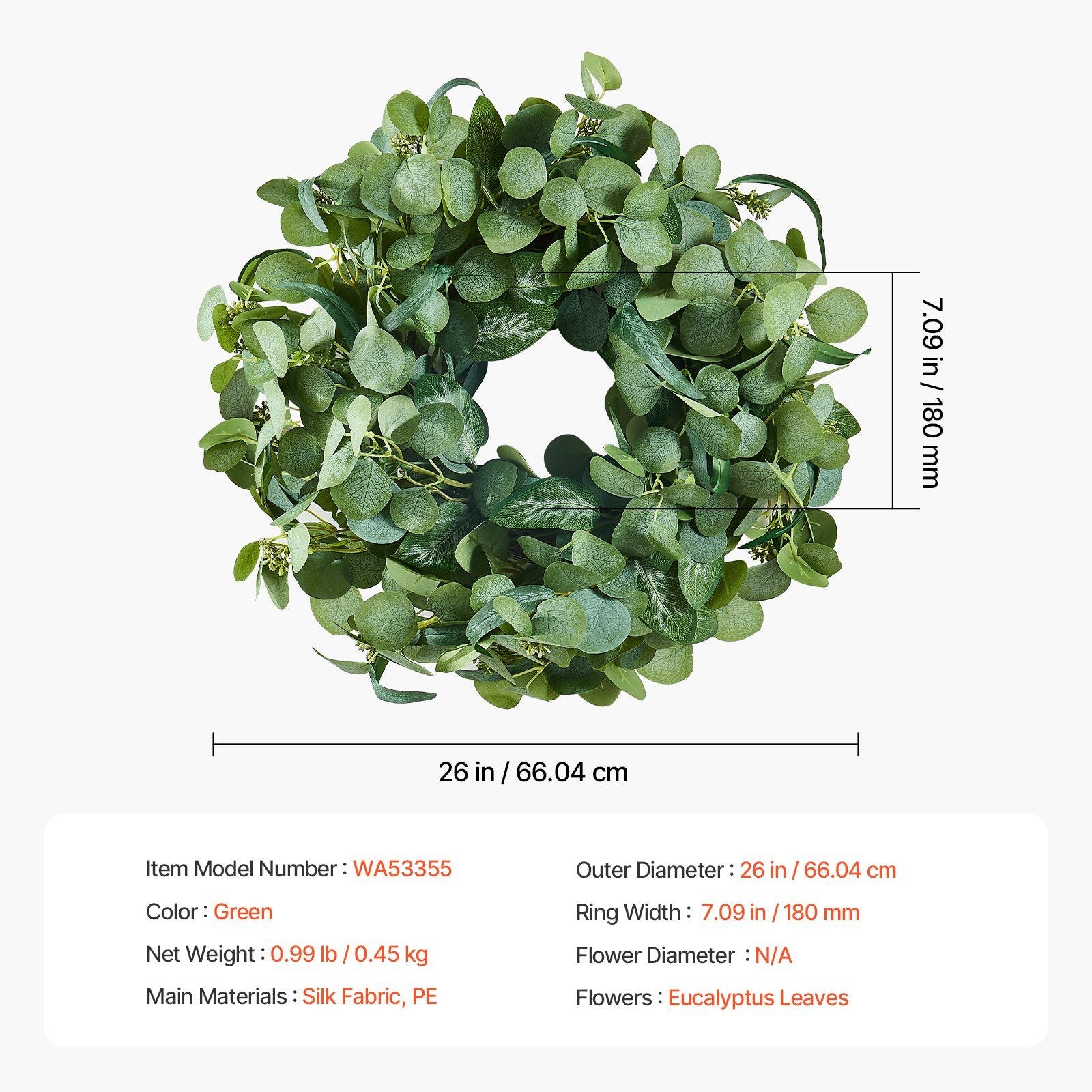 26 inch artificial eucalyptus wreath with green silk fabric leaves for home decor