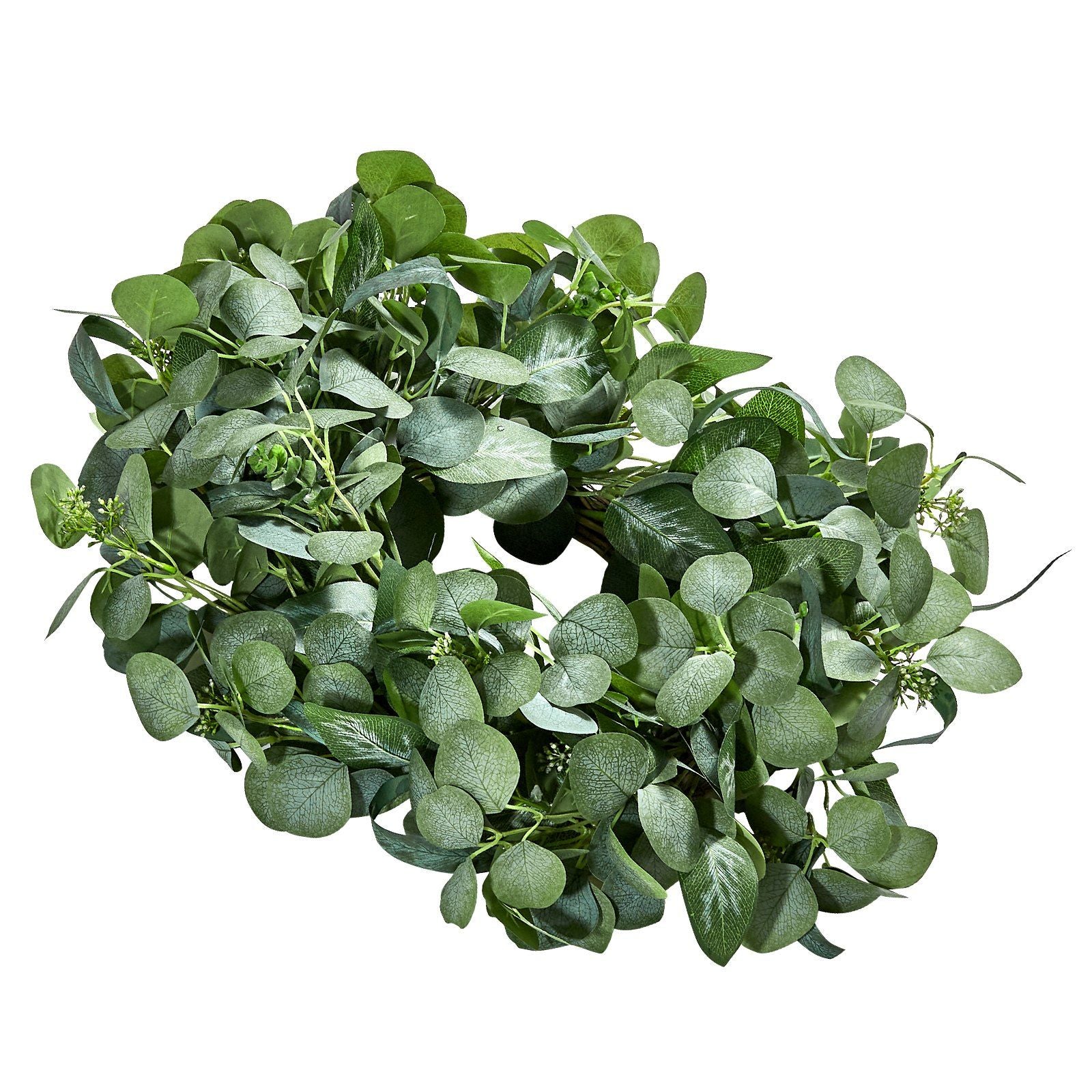 Lush green artificial eucalyptus wreath with realistic leaves for home decor from FauxMart.com