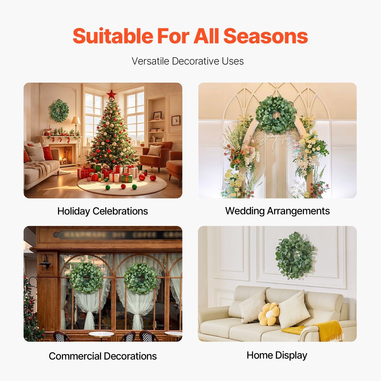 Artificial eucalyptus wreath displayed in holiday, wedding, commercial, and home decoration settings