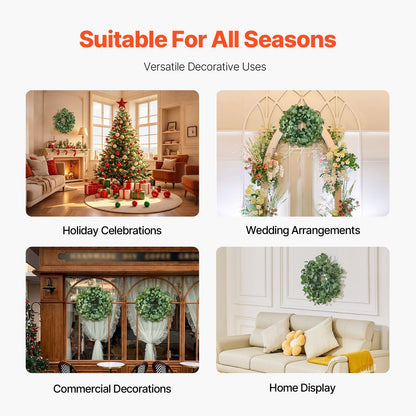Artificial eucalyptus wreath displayed in holiday, wedding, commercial, and home decoration settings