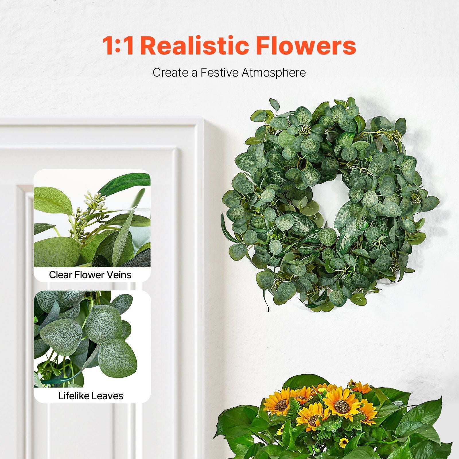 Artificial eucalyptus wreath with realistic leaves and clear flower veins from FauxMart.com