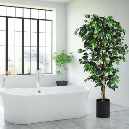 6 foot artificial ficus tree in a stylish bathroom near a modern bathtub and window