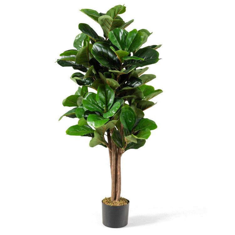 Artificial fiddle leaf fig tree in a black pot with realistic green leaves for home decor