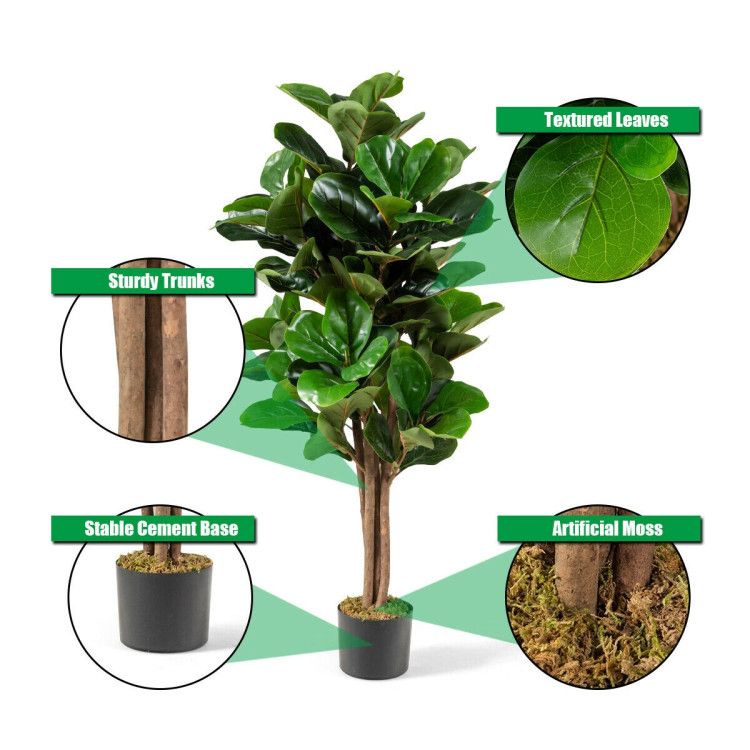 Detailed artificial fiddle leaf fig tree with textured leaves, sturdy trunks, and stable cement base
