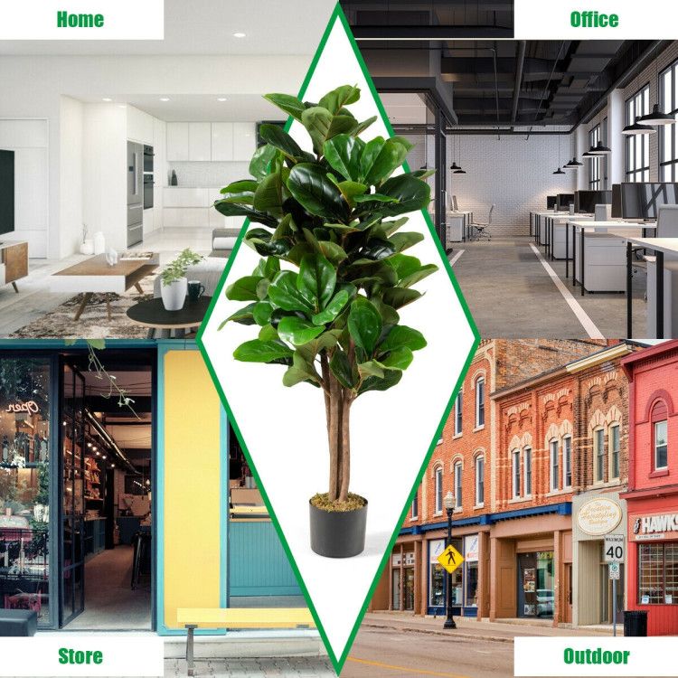 Artificial fiddle leaf fig tree displayed in various settings including home, office, store, and outdoor