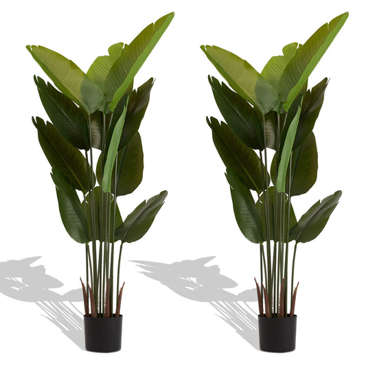 Artificial green plant set featuring two tall tropical plants in black pots for home decor