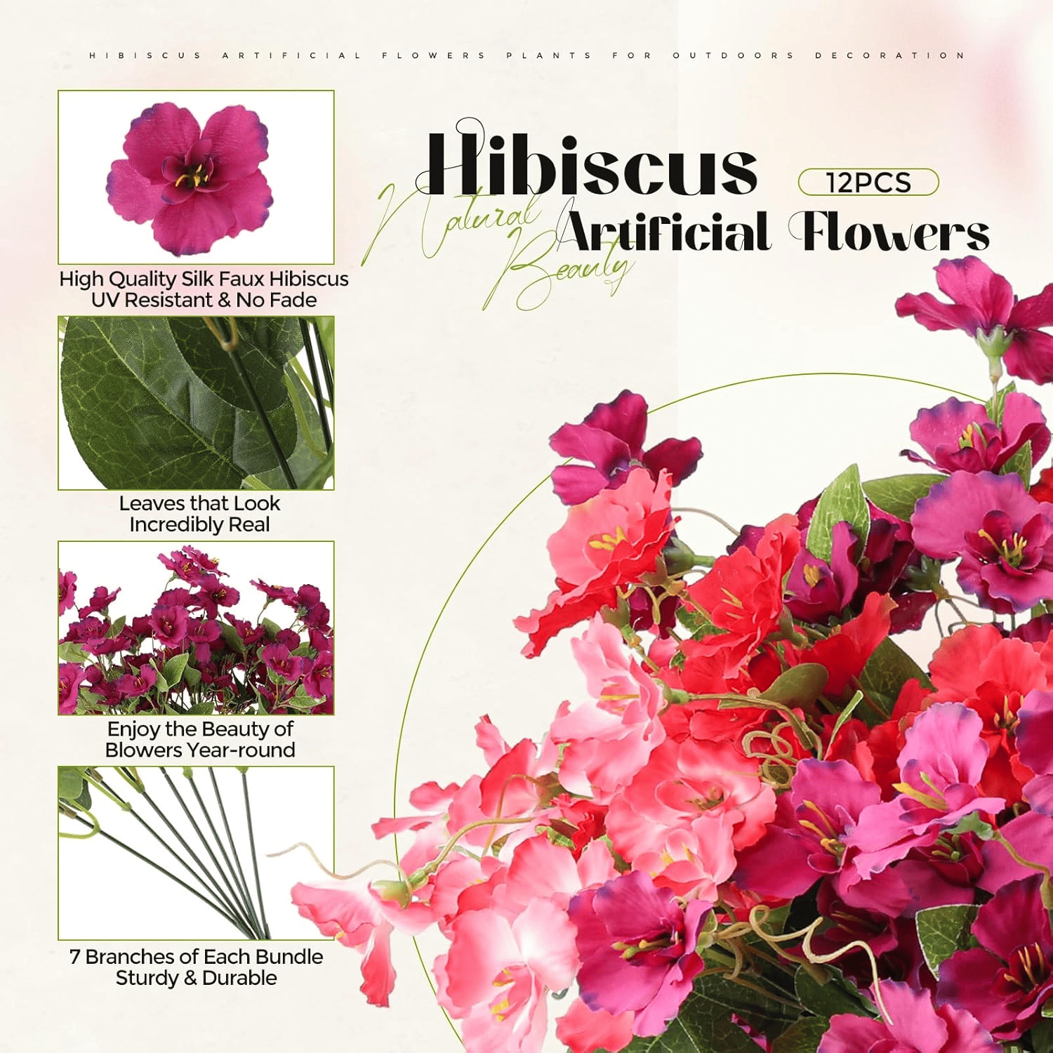 Colorful artificial hibiscus flowers outdoor set of 12 for year-round decoration with realistic leaves