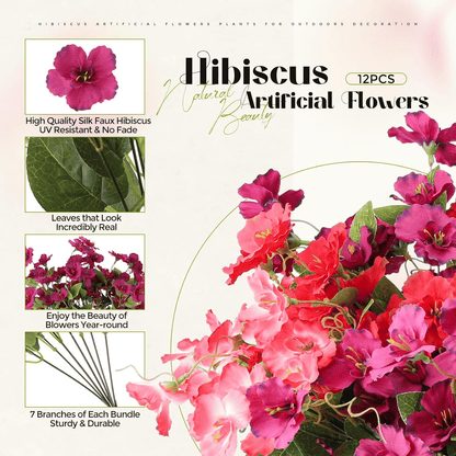 Colorful artificial hibiscus flowers outdoor set of 12 for year-round decoration with realistic leaves