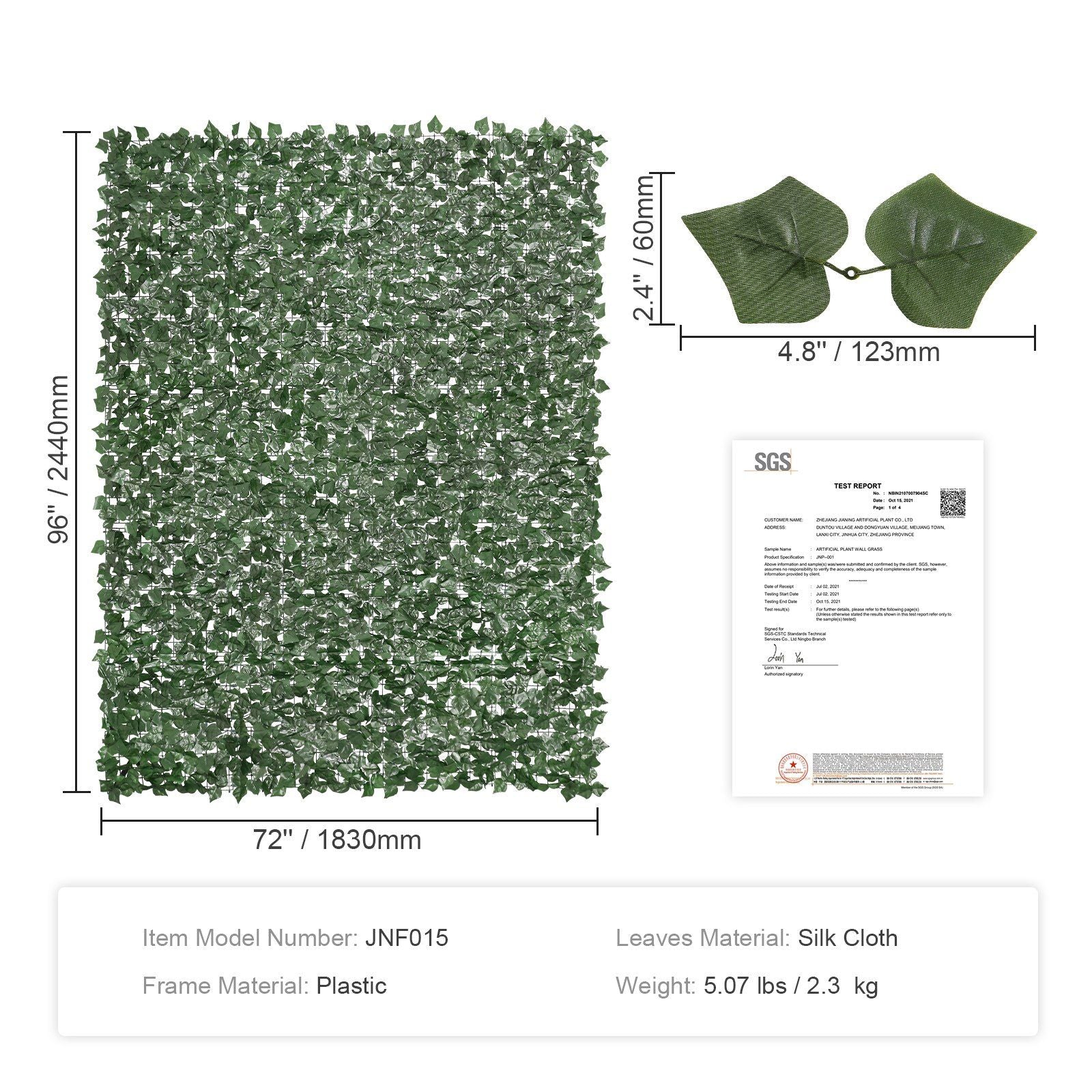 Artificial ivy privacy fence panel from FauxMart.com made of silk cloth leaves with plastic frame measuring 72 by 96 inches