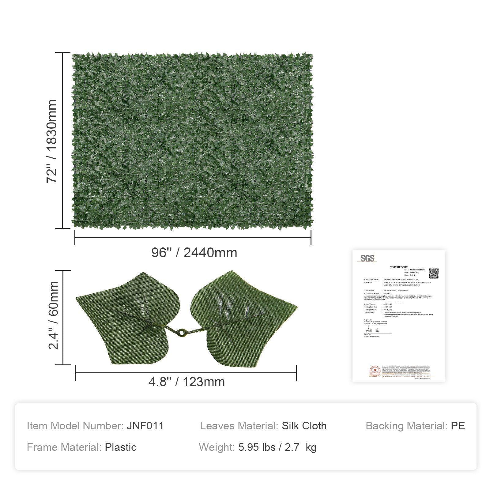 Artificial ivy privacy fence panel measuring 72 by 96 inches with silk cloth leaves and plastic frame