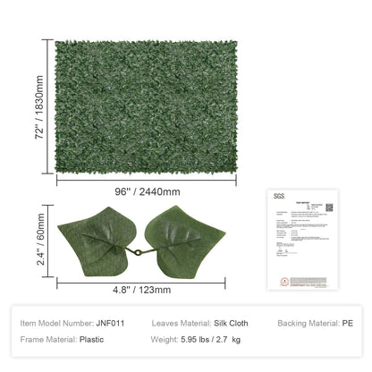 Artificial ivy privacy fence panel measuring 72 by 96 inches with silk cloth leaves and plastic frame