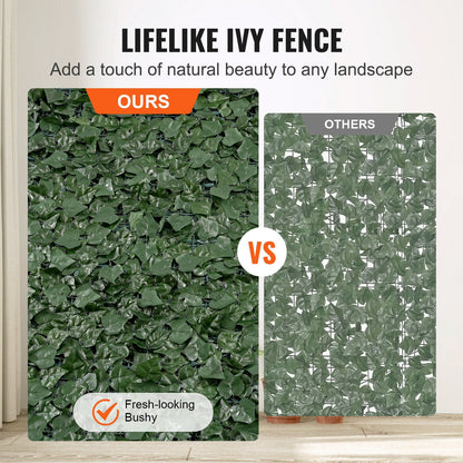 Comparison of FauxMart.com artificial ivy privacy fence showing fresh-looking bushy leaves versus sparse leaves