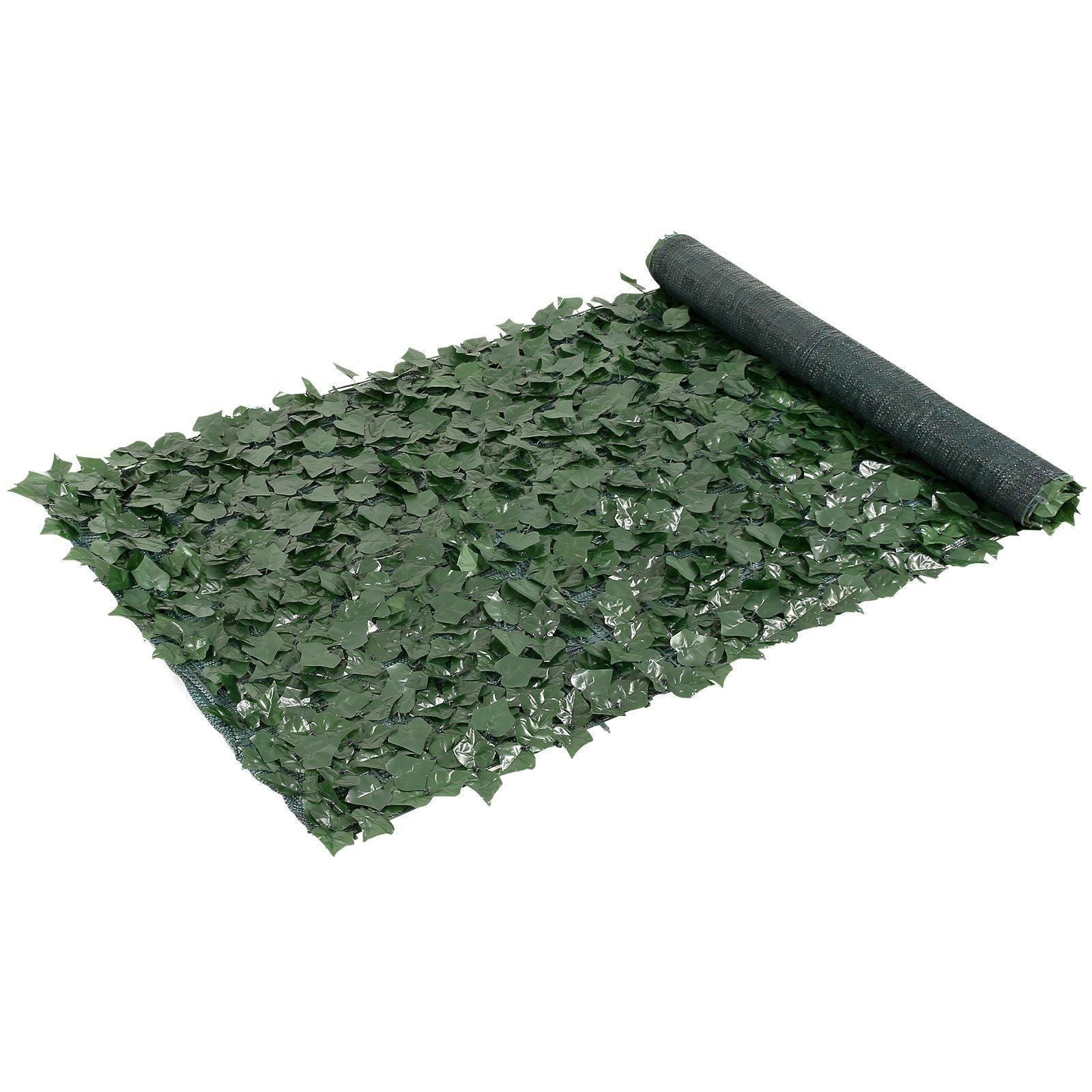 Roll of artificial ivy privacy fence screen with dense green leaves for outdoor decoration