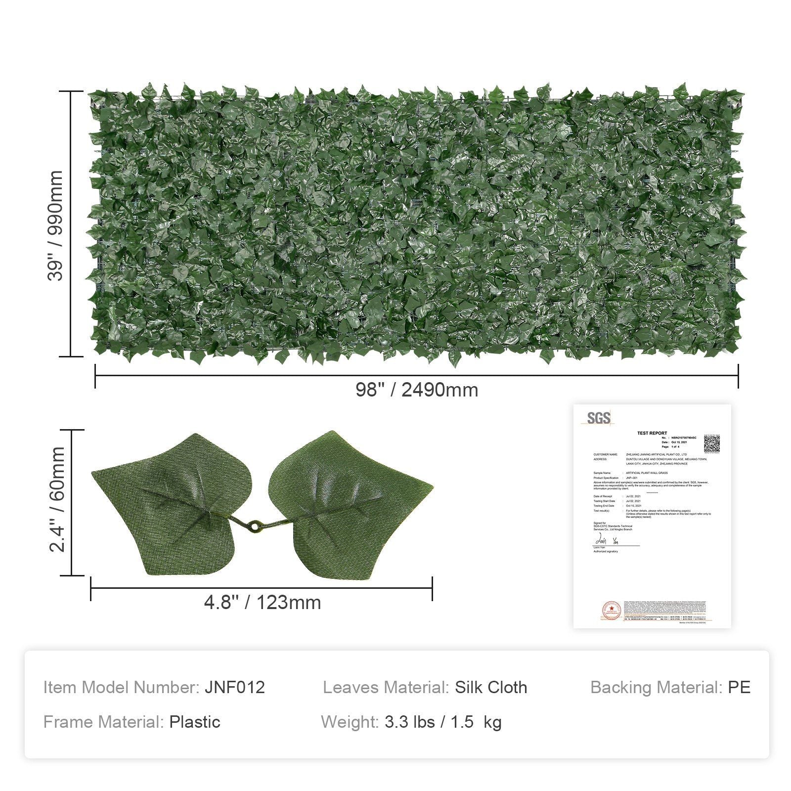 Artificial ivy privacy fence screen panel 98 by 39 inches with realistic silk cloth leaves
