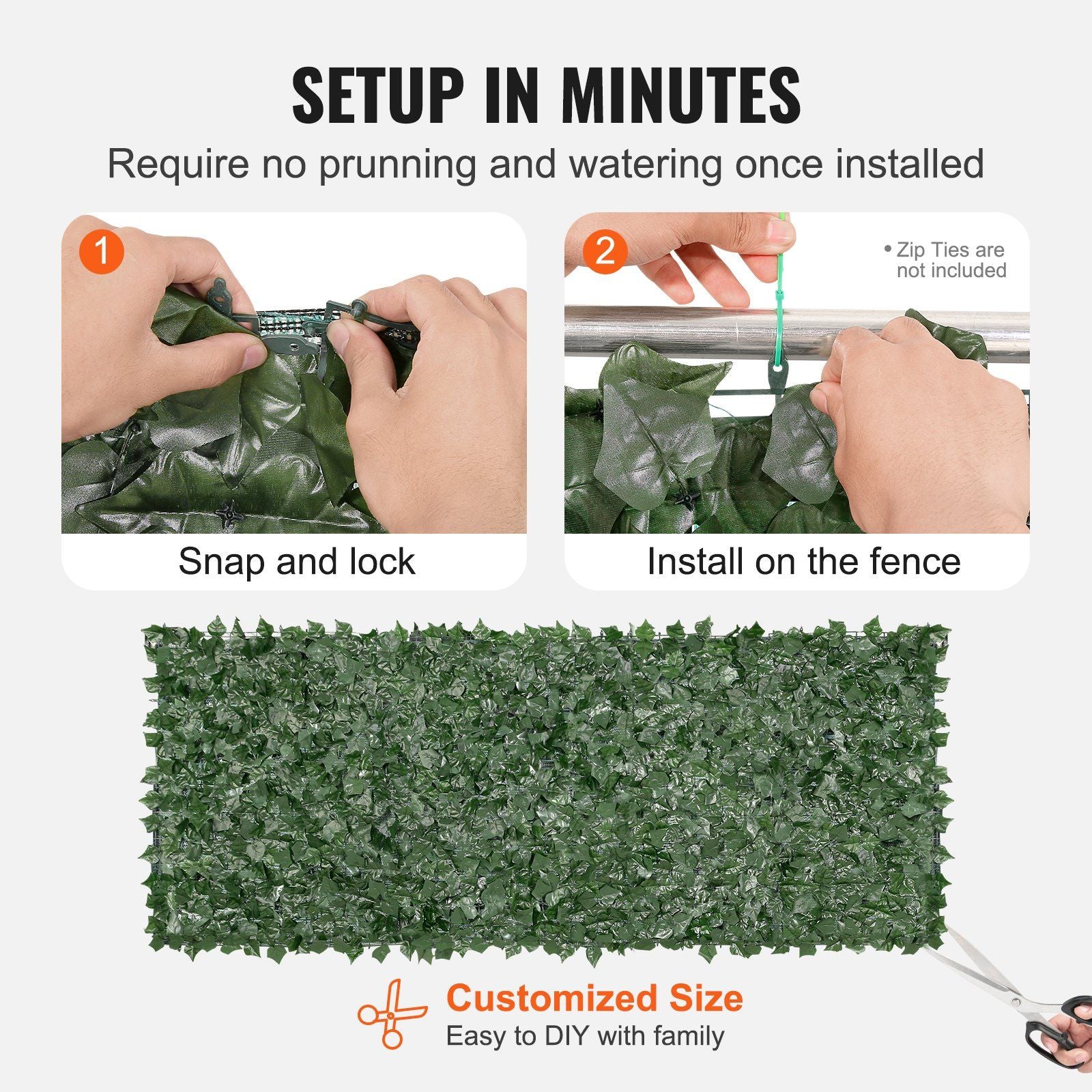 Easy setup artificial ivy privacy fence screen with snap lock design for quick installation on fences