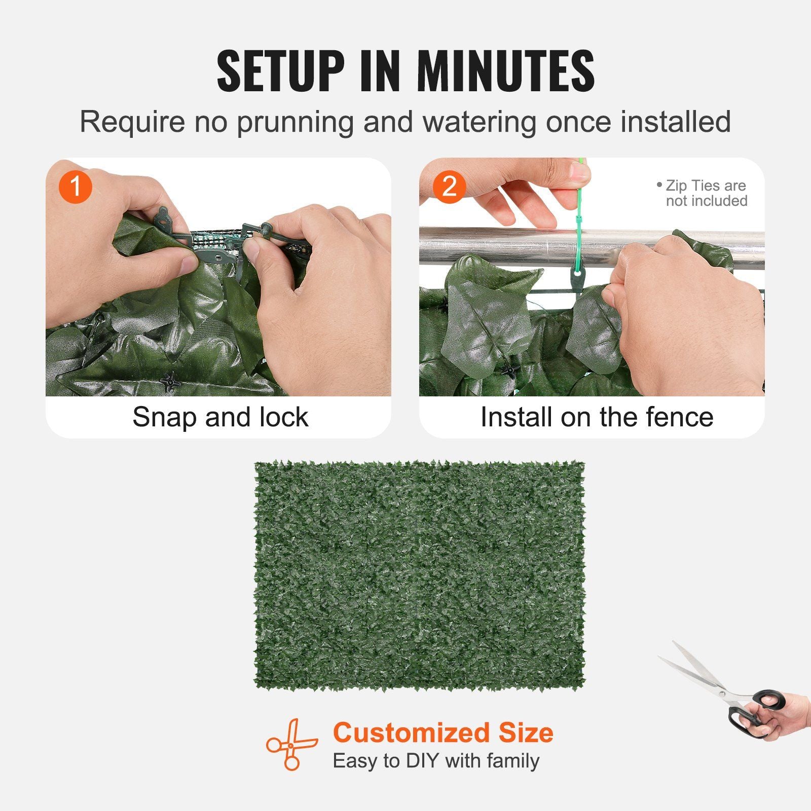 Hands installing artificial ivy privacy fence with snap lock and fence attachment for easy DIY setup