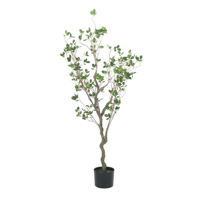 Tall artificial Milan leaf bonsai with green leaves in a black pot for indoor decoration