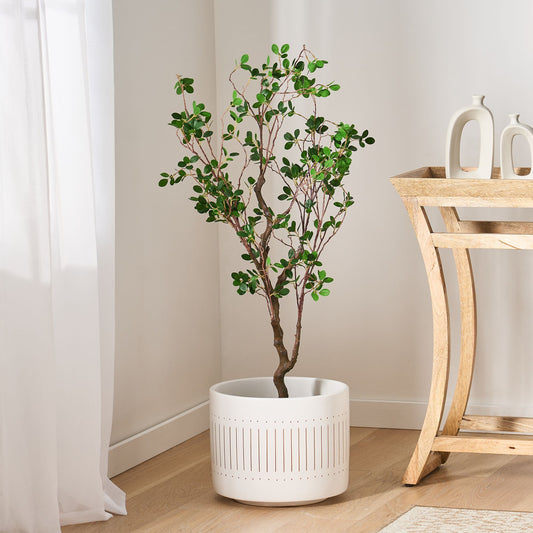 Artificial Milan leaf bonsai tree in white decorative pot next to wooden console table in modern room