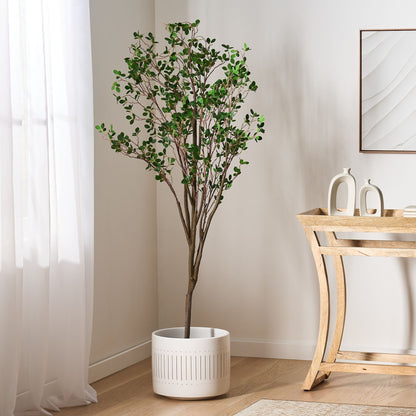 Lifelike artificial milan leaf bonsai in a white pot, perfect for home decor and indoor greenery.