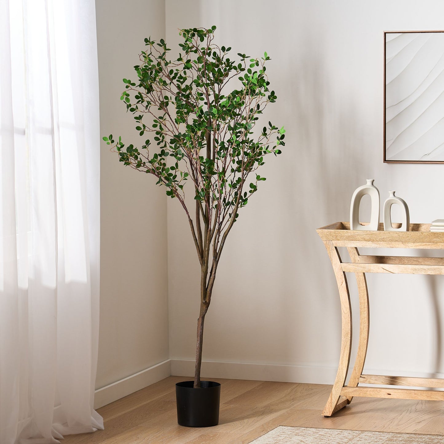 Artificial Milan Leaf Bonsai Plant in a Black Pot, Perfect for Home Decor and Indoor Spaces