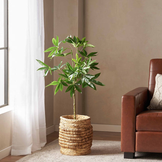 Artificial money tree 47 inch in a woven basket, enhancing home decor with greenery
