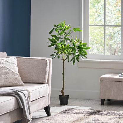 Realistic artificial money tree 47 inch in a black pot, enhancing indoor decor with lush greenery