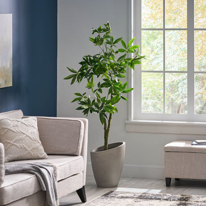 Lifelike artificial money tree decor in a modern living room with natural light