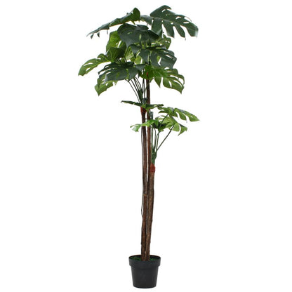 Lifelike artificial monstera plant with lush green leaves in a black pot, perfect for home decor