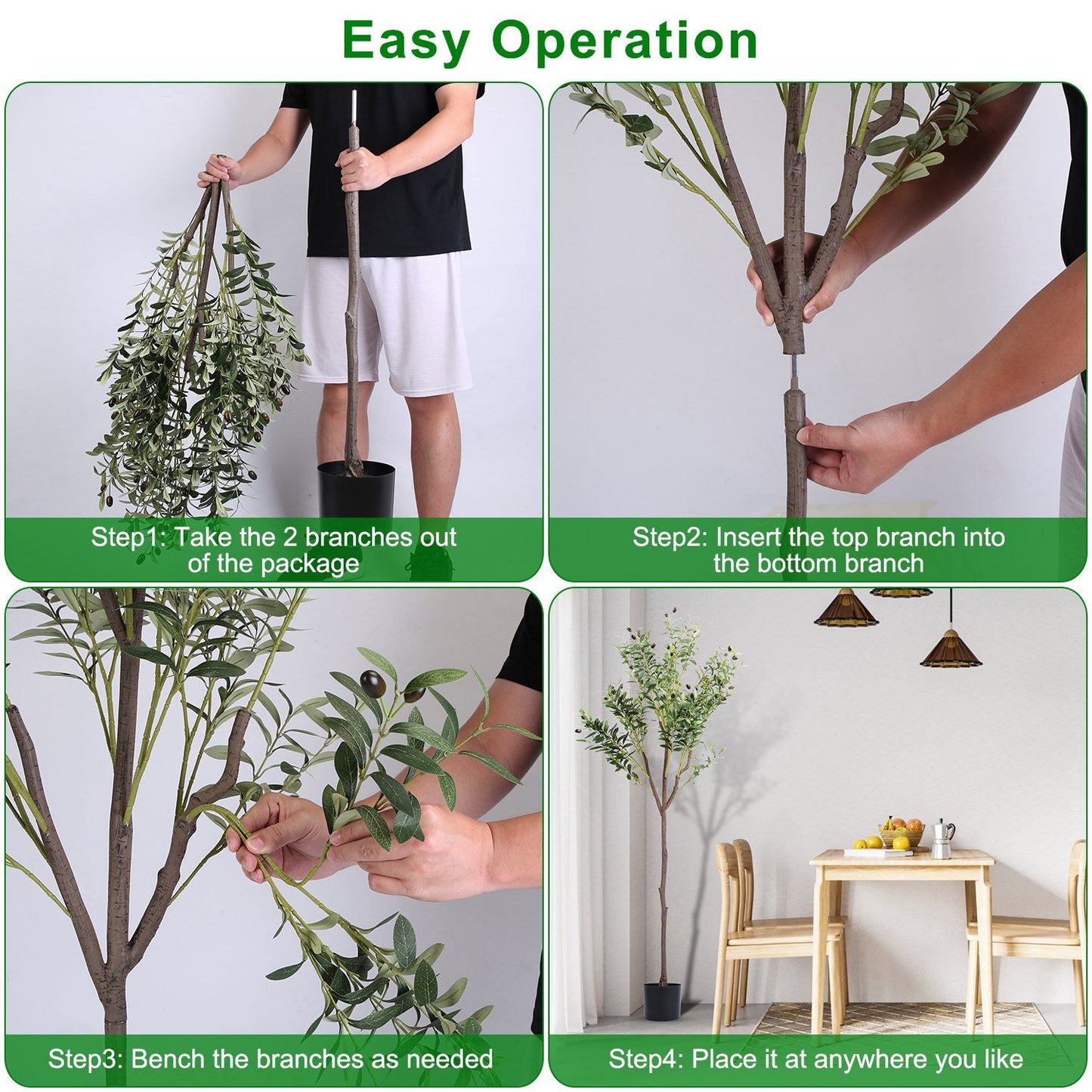 Assembly steps of artificial olive tree for home decor showing branch connection and placement in room