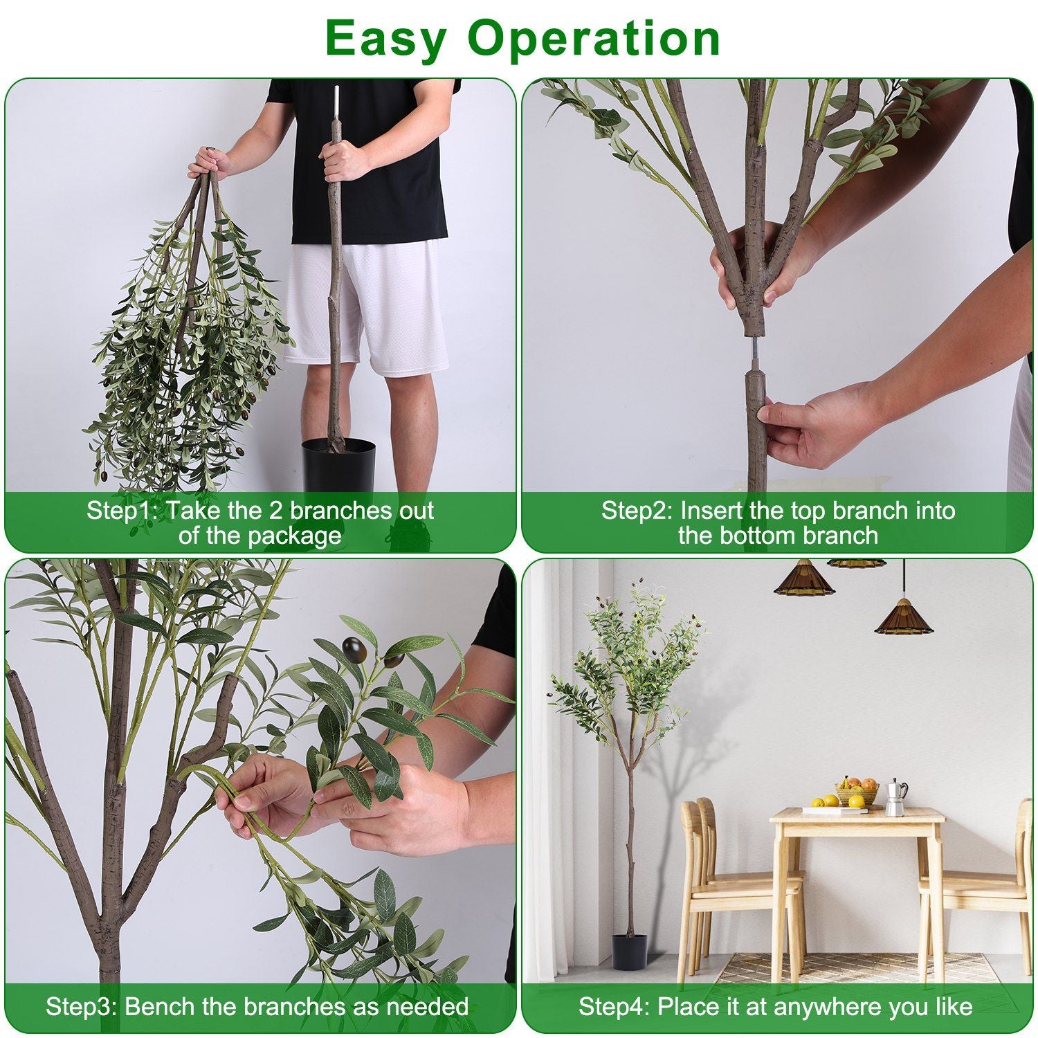 Assembly steps of artificial olive tree for home decor showing branch connection and placement in room
