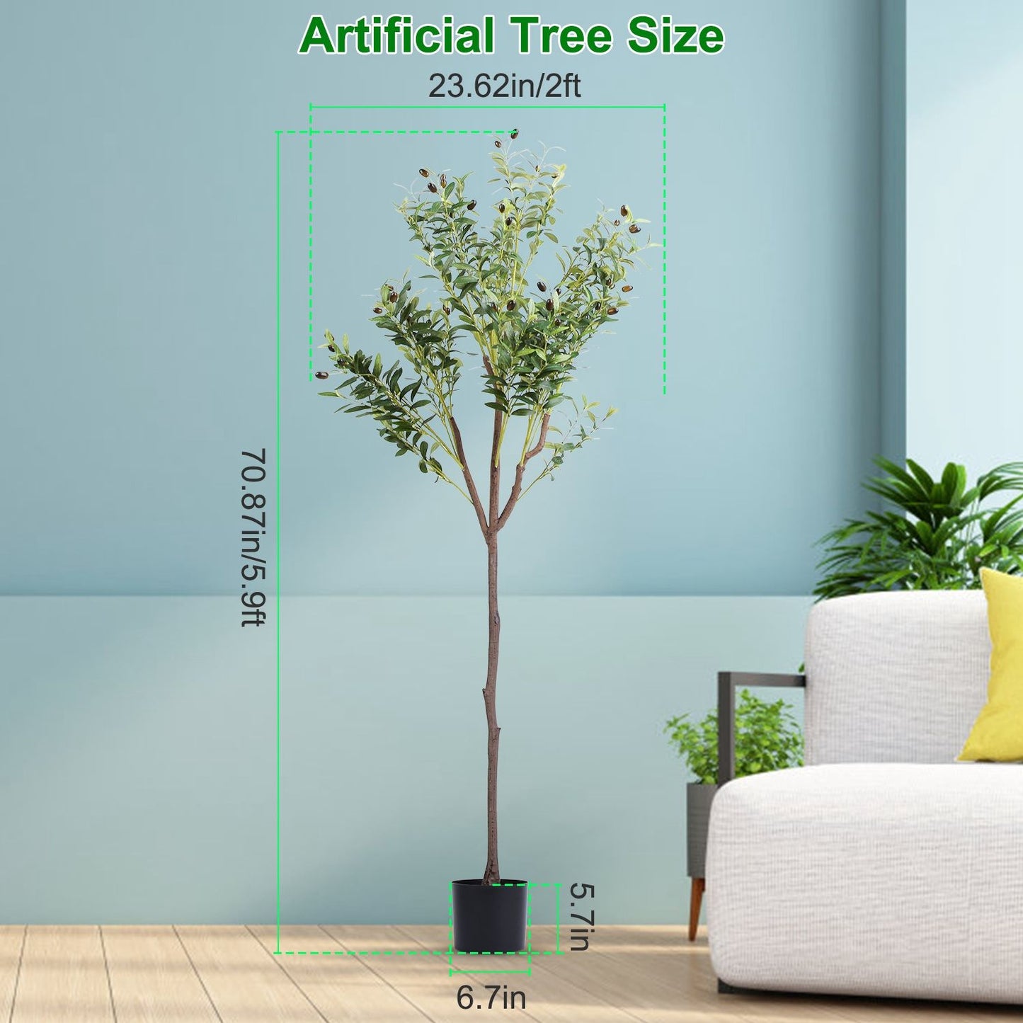 Artificial olive tree for home decor standing 70.87 inches tall in a black pot next to modern living room sofa