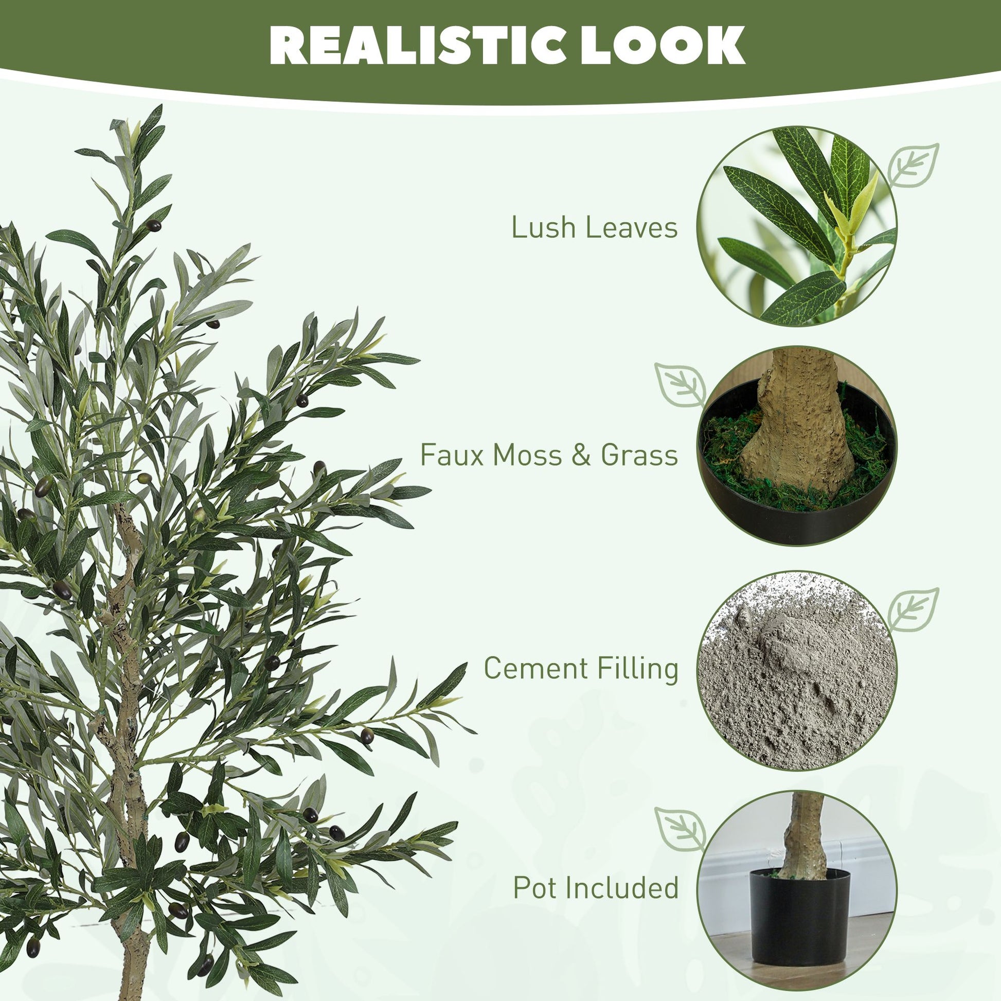 Artificial olive tree indoor with lush leaves, faux moss and grass, cement filling, and included pot