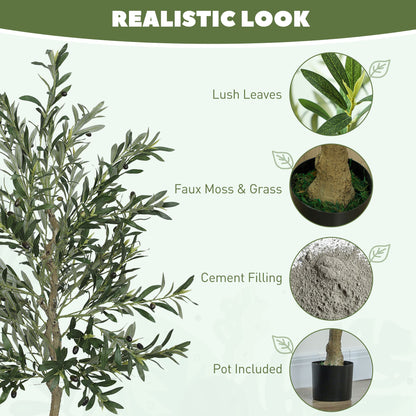 Artificial olive tree indoor with lush leaves, faux moss and grass, cement filling, and included pot