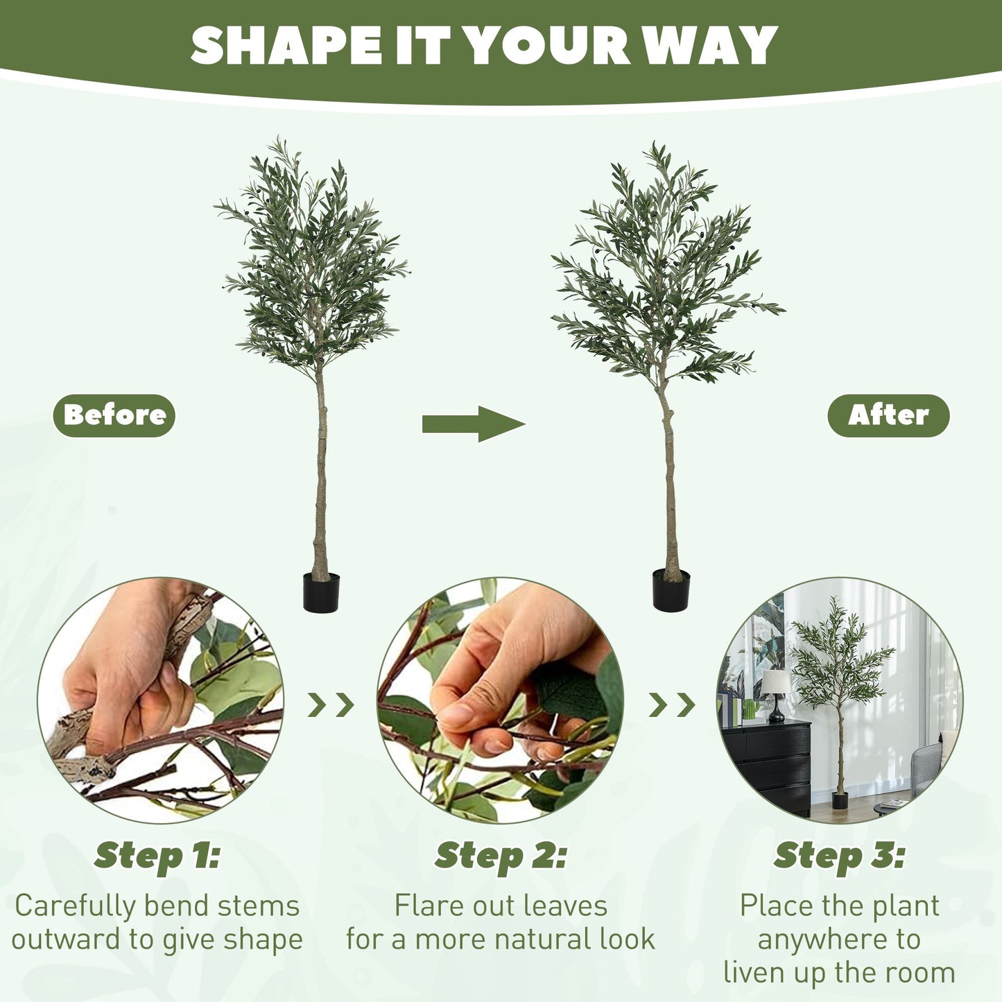Step-by-step guide to shape and customize an artificial olive tree indoor for a natural look